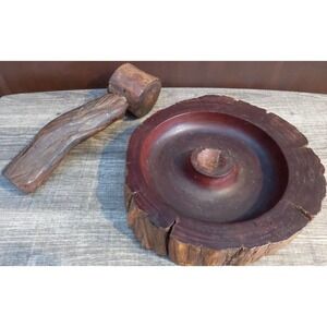 Vintage Nutcracker Brutalist Tray Wood Tray & Mallet Hammer Walnut 9" primitive